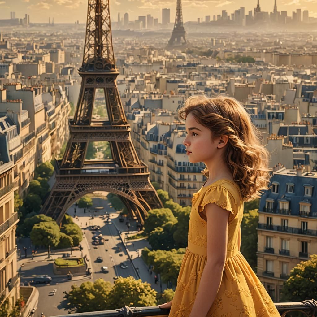 Girl at Eiffel Tower in Vintage Poster Style
