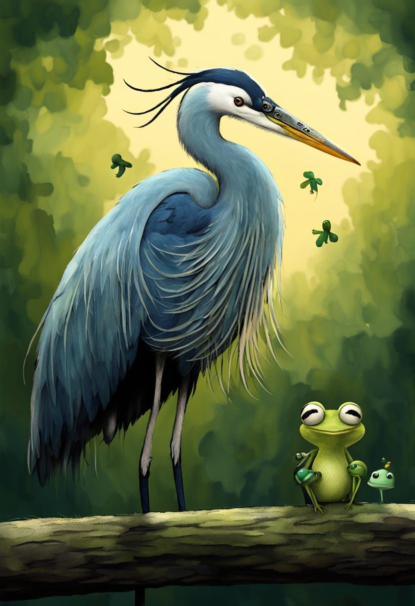 Blue Heron and Frog Friends in Tim Burton Style