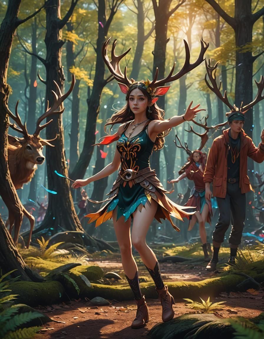 Antlered Youths Dance in Forest: Anime Cel-Shaded Style