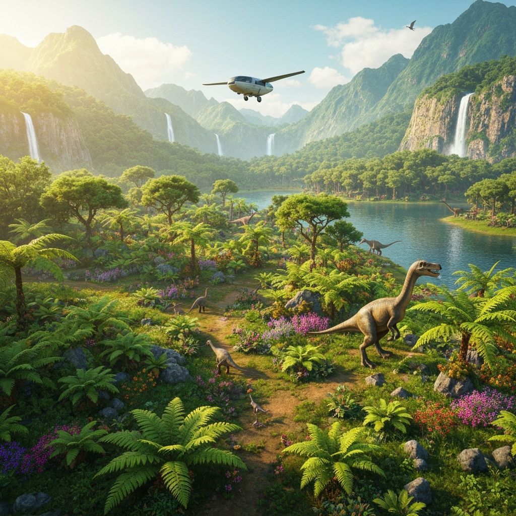 Dinosaur in Jurassic Landscape, Watercolor Ink-Style