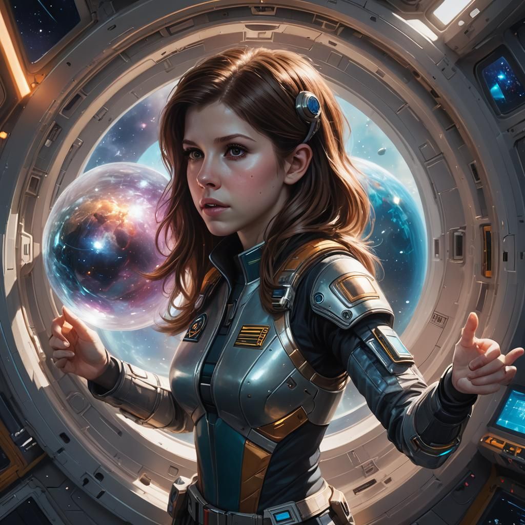 Anna Kendrick in Spaceship Holding Sci-Fi Orb