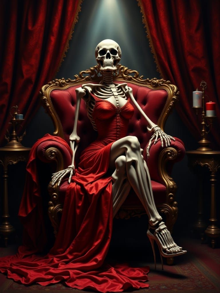 Skeleton Burlesque Dancer in Red Silk Dress on Victorian Arm...