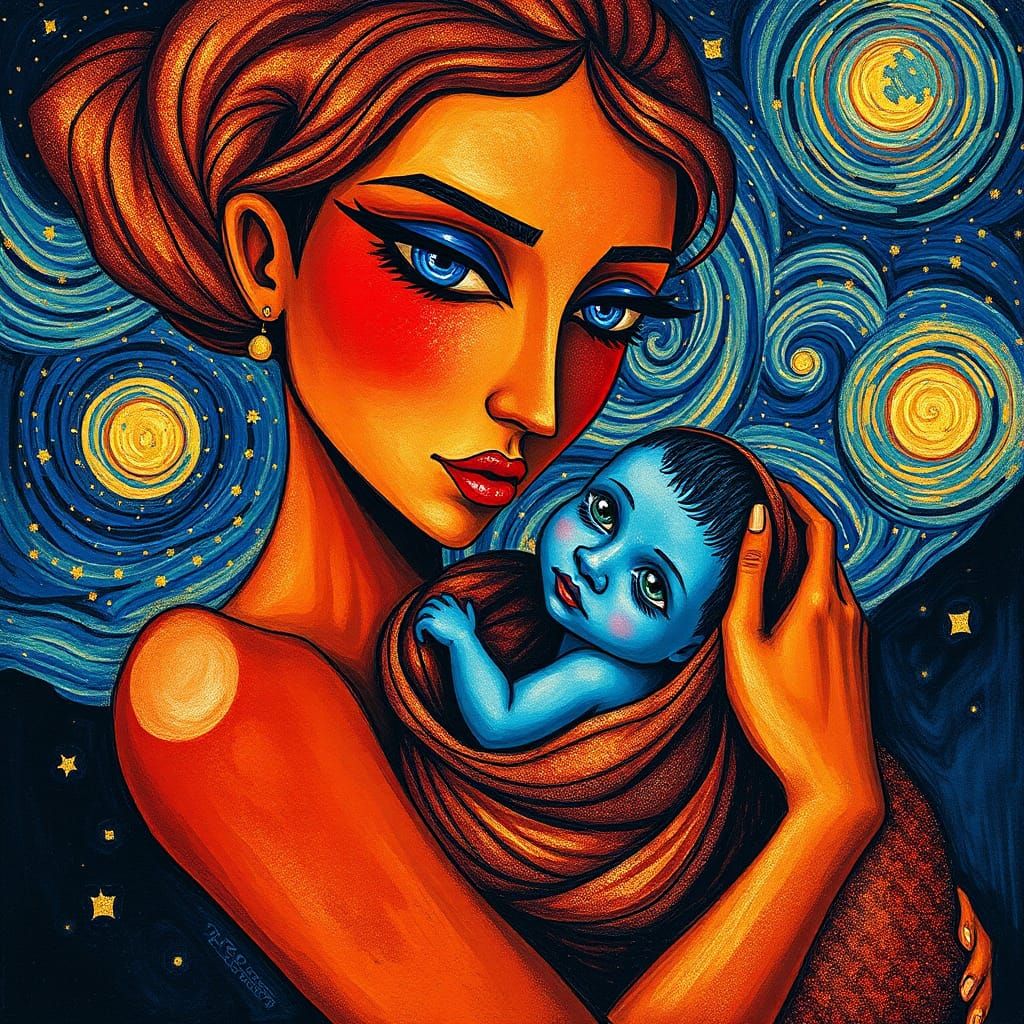 Cubist Portrait: Mother and Child Under Starry Sky