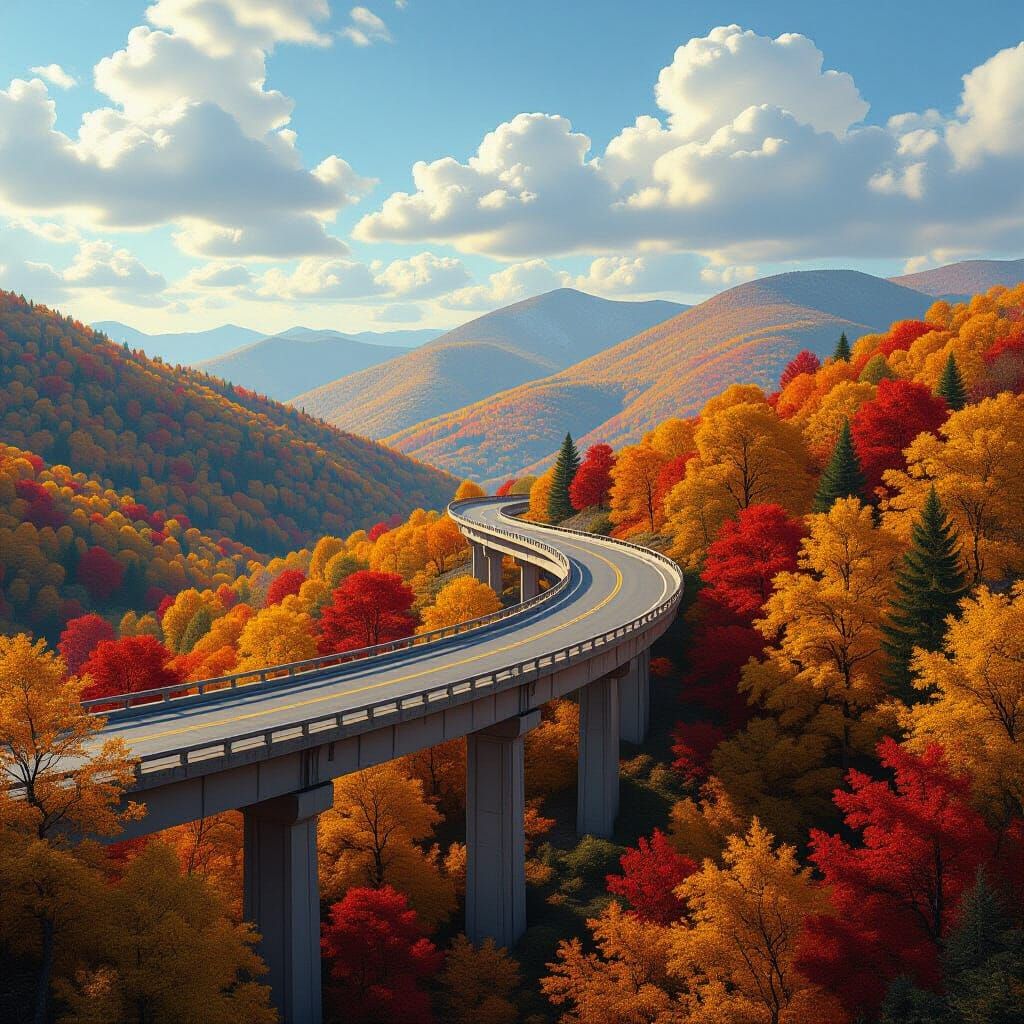 Autumn Highway Bridge Overlooking Vivid Forest