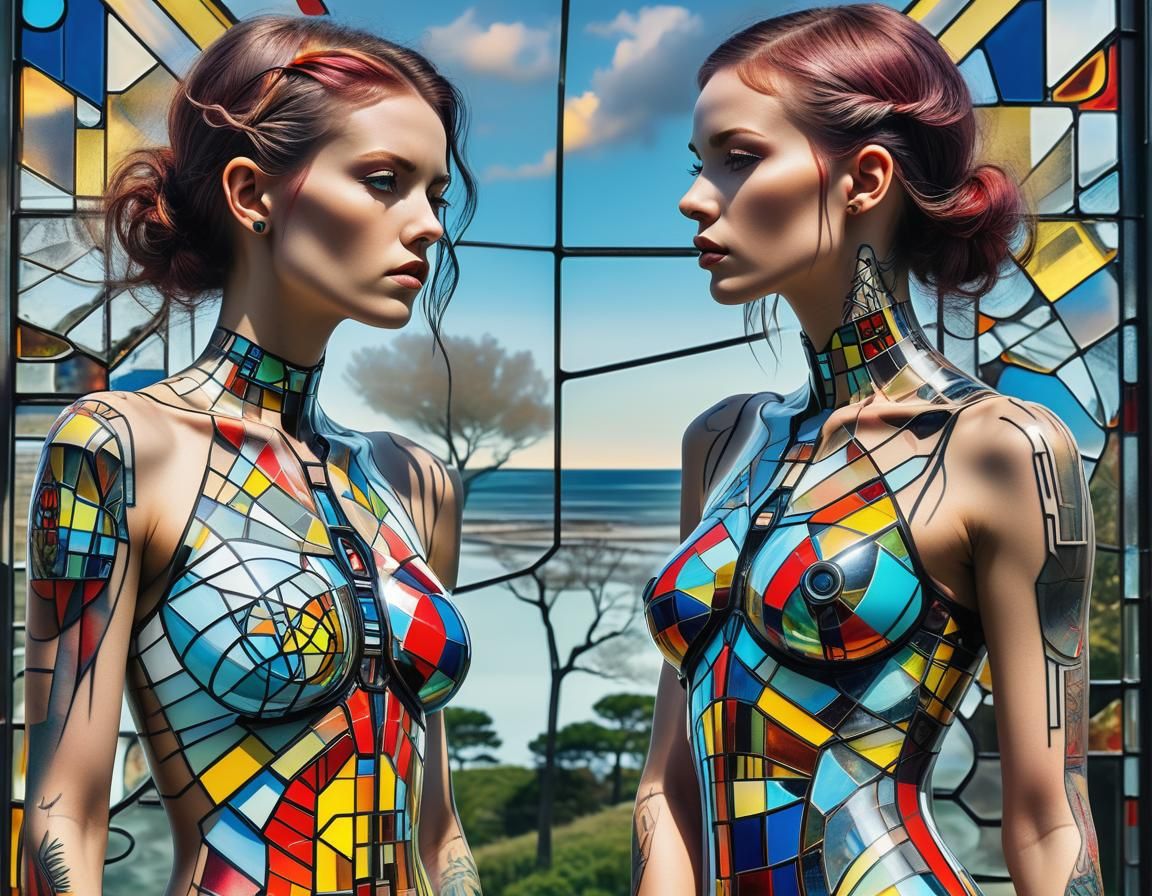 Futuristic Women: Stained Glass Cyberpunk Art