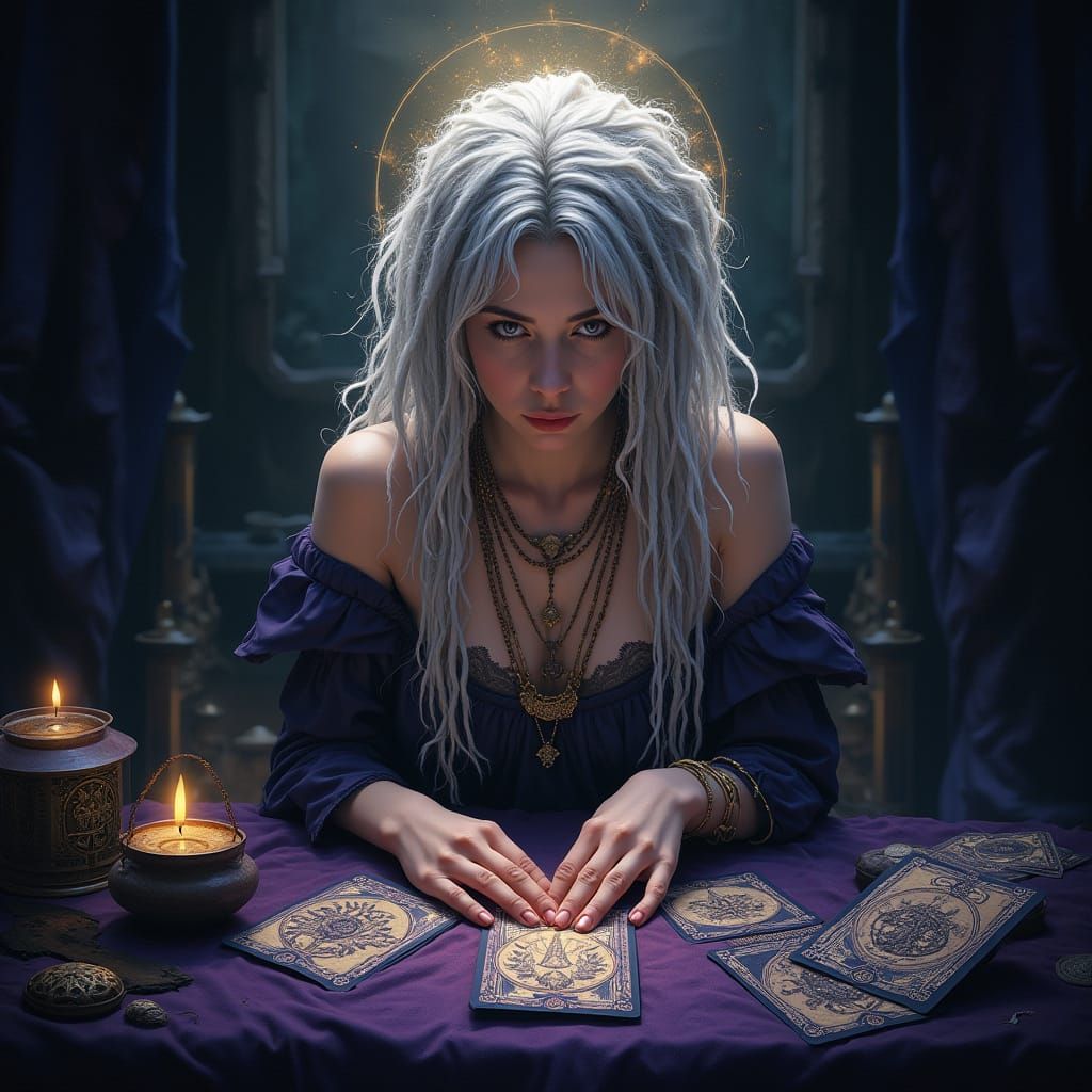 Mystical Tarot Reader in Ethereal Glow
