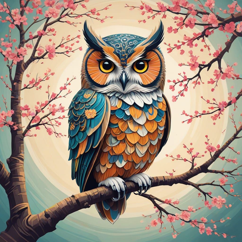 Vibrant Blossom Tree Owl in Abstract Japanese Art