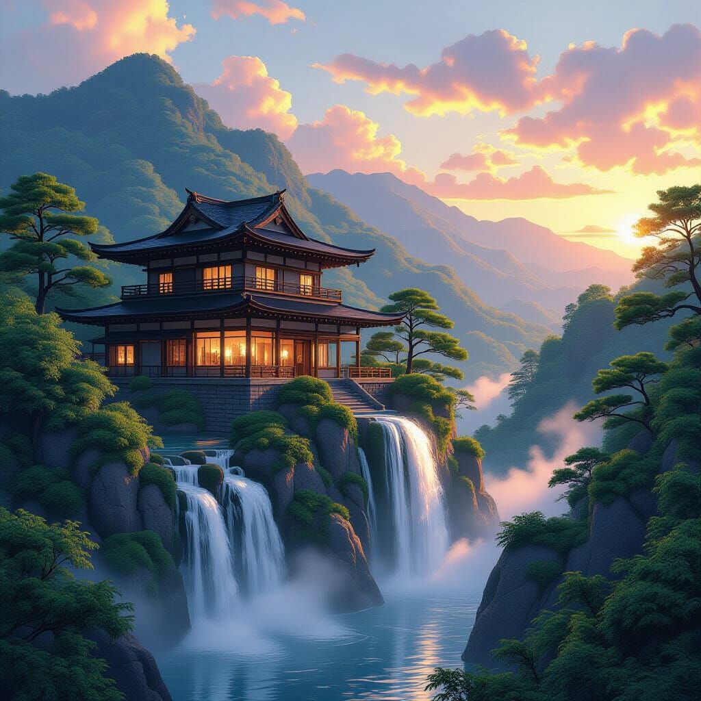 Japanese House at Sunset Over Mountain