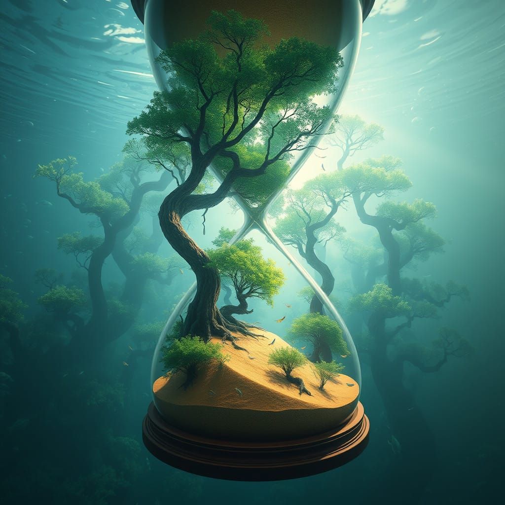 Surreal Forest Depths in an Ornate Hourglass