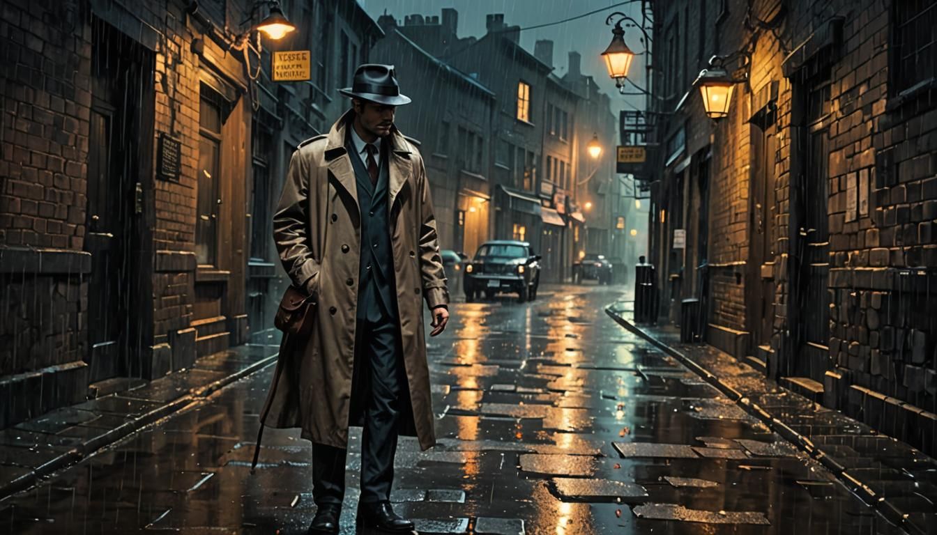Noir Private Investigator in Rainy Alley: Dark Fantasy Art