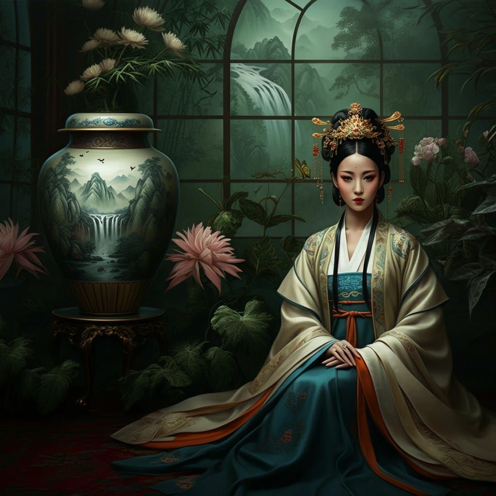 Chinese Courtesan in Butterfly Conservatory, Rococo Style