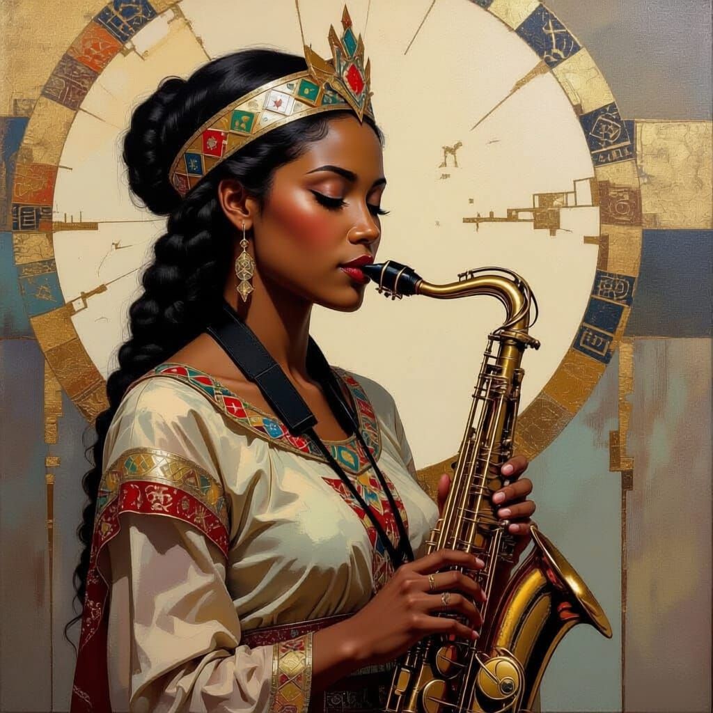 Nilotic Princess Plays Woodwind in Futurism Style
