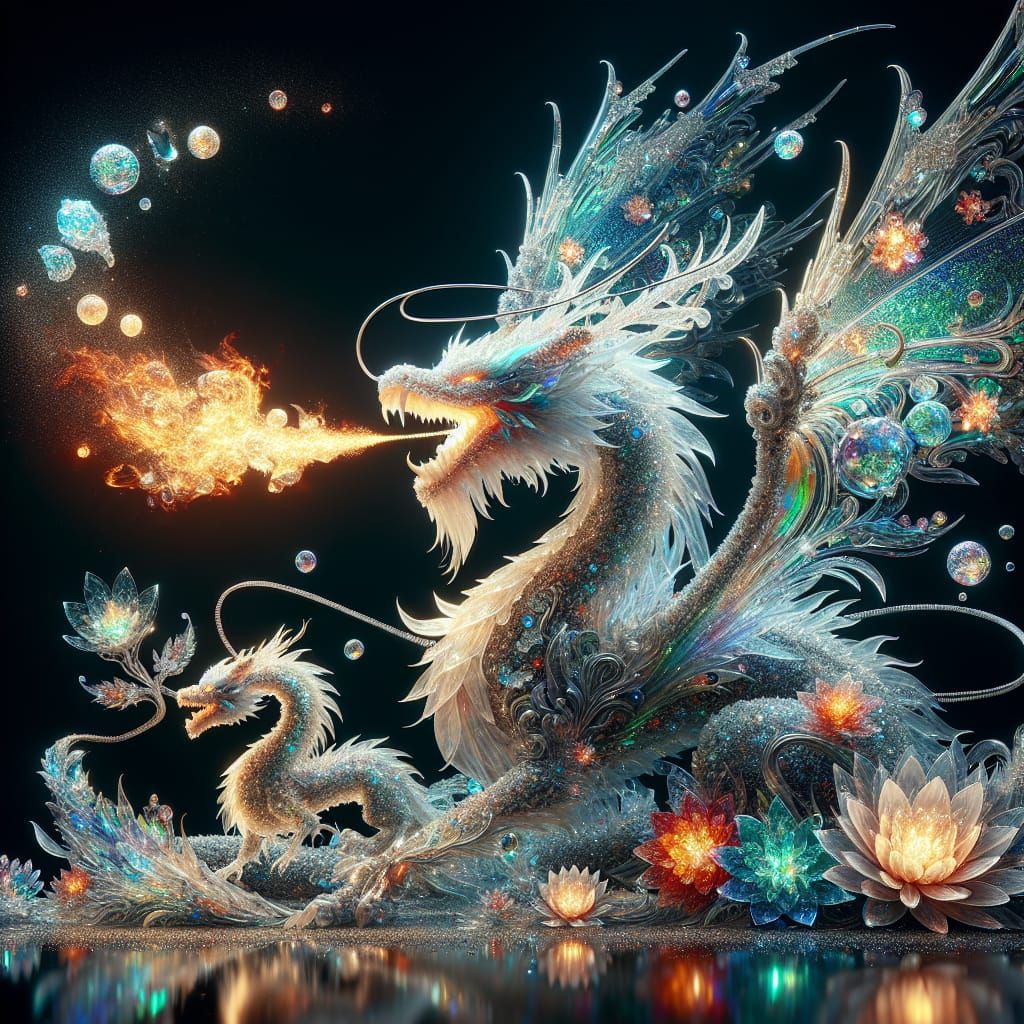 A hyper-realistic digital artwork of a delicate and transparent jade crystal glass sculpture of a hugh dragon that breat...