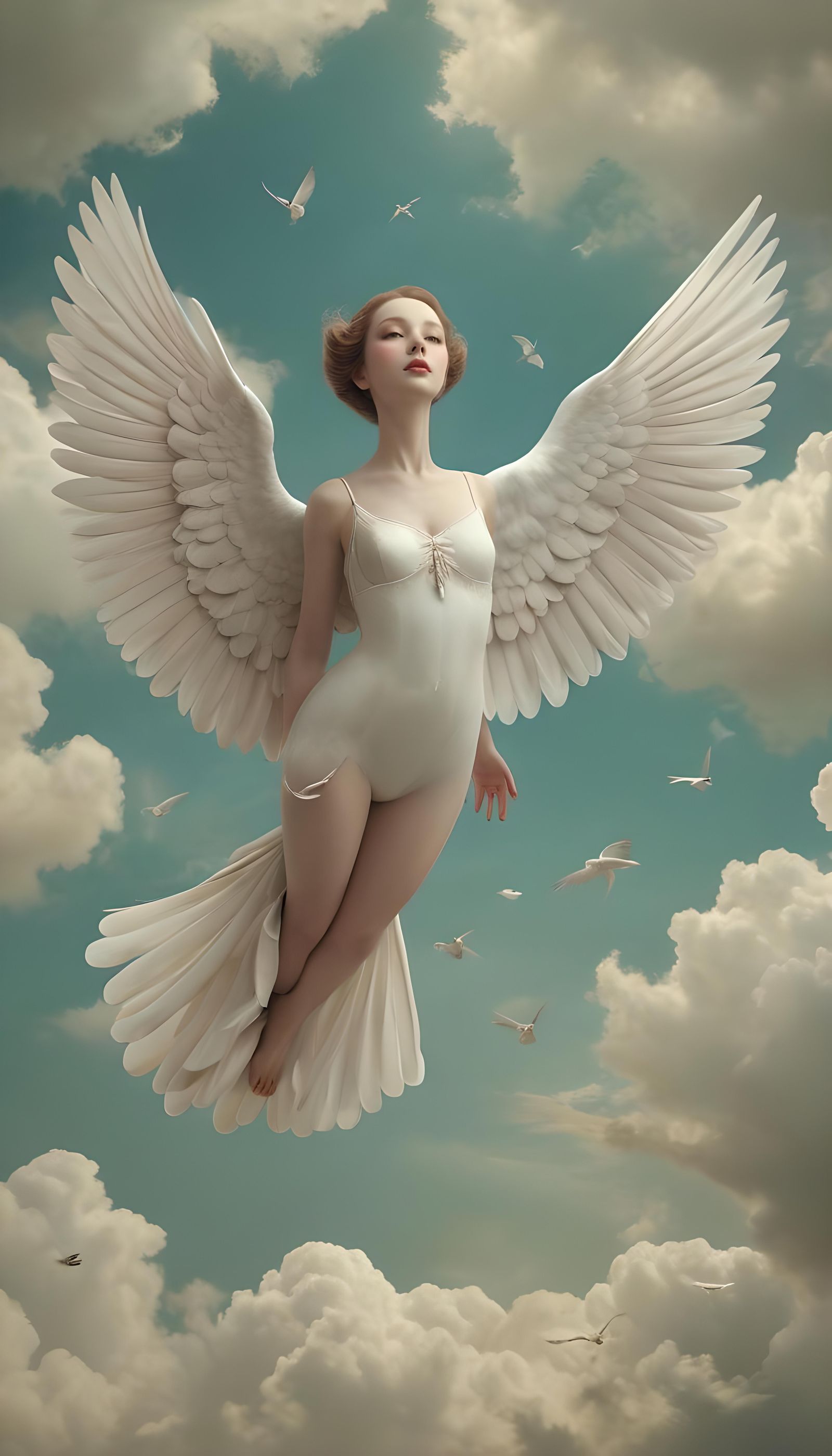 Whimsical giant dove with beautiful wings, clouds and vast s...