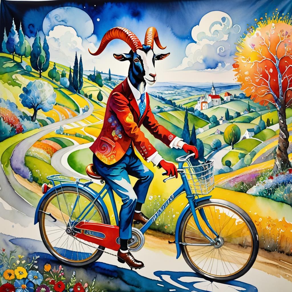 Anthropomorphic Goat Bicycling in Watercolor Tapestry Style