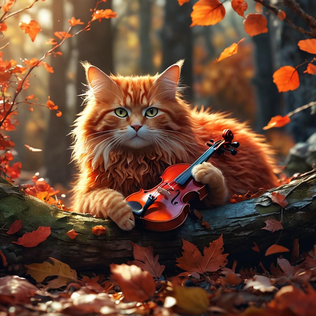 Red Cat Plays Violin in Autumnal Fantasy Art