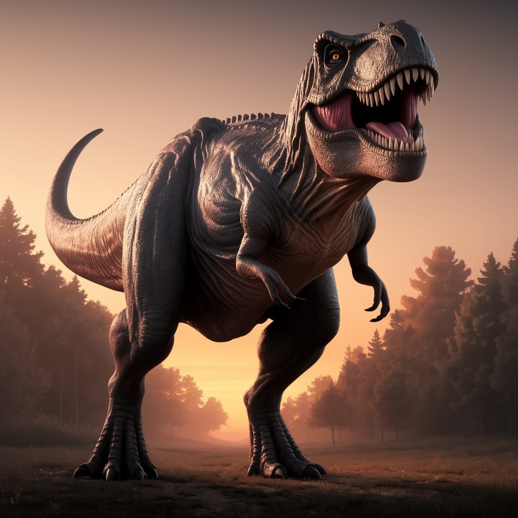 Majestic T-Rex Dominates a Golden Sunset Landscape