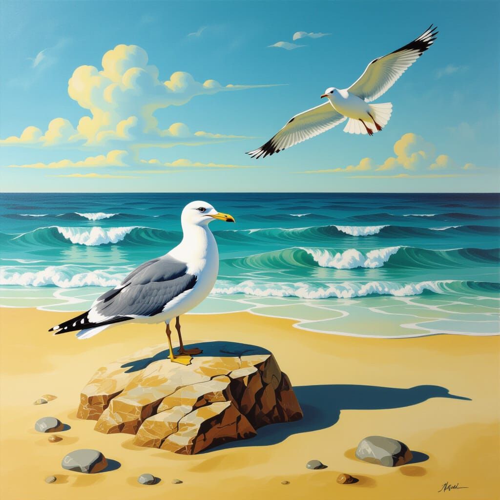 Surreal Seagull on Rock Beach in Matte Oil Style