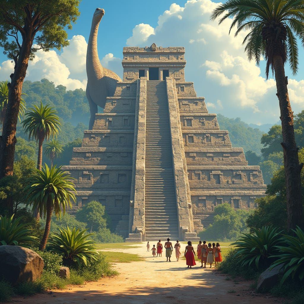 Mystical Aztec Temple with Prehistoric Giant