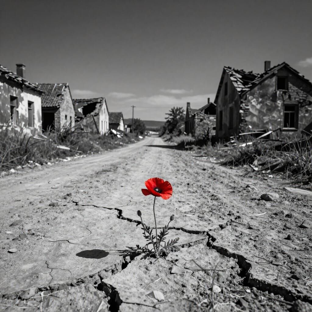 Desolate Village with Hopeful Red Poppy