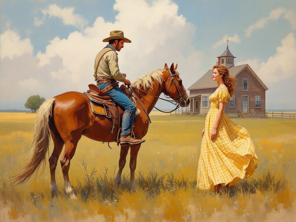 Cowboy on Horse Greets a Prairie Beauty in Western Impressio...