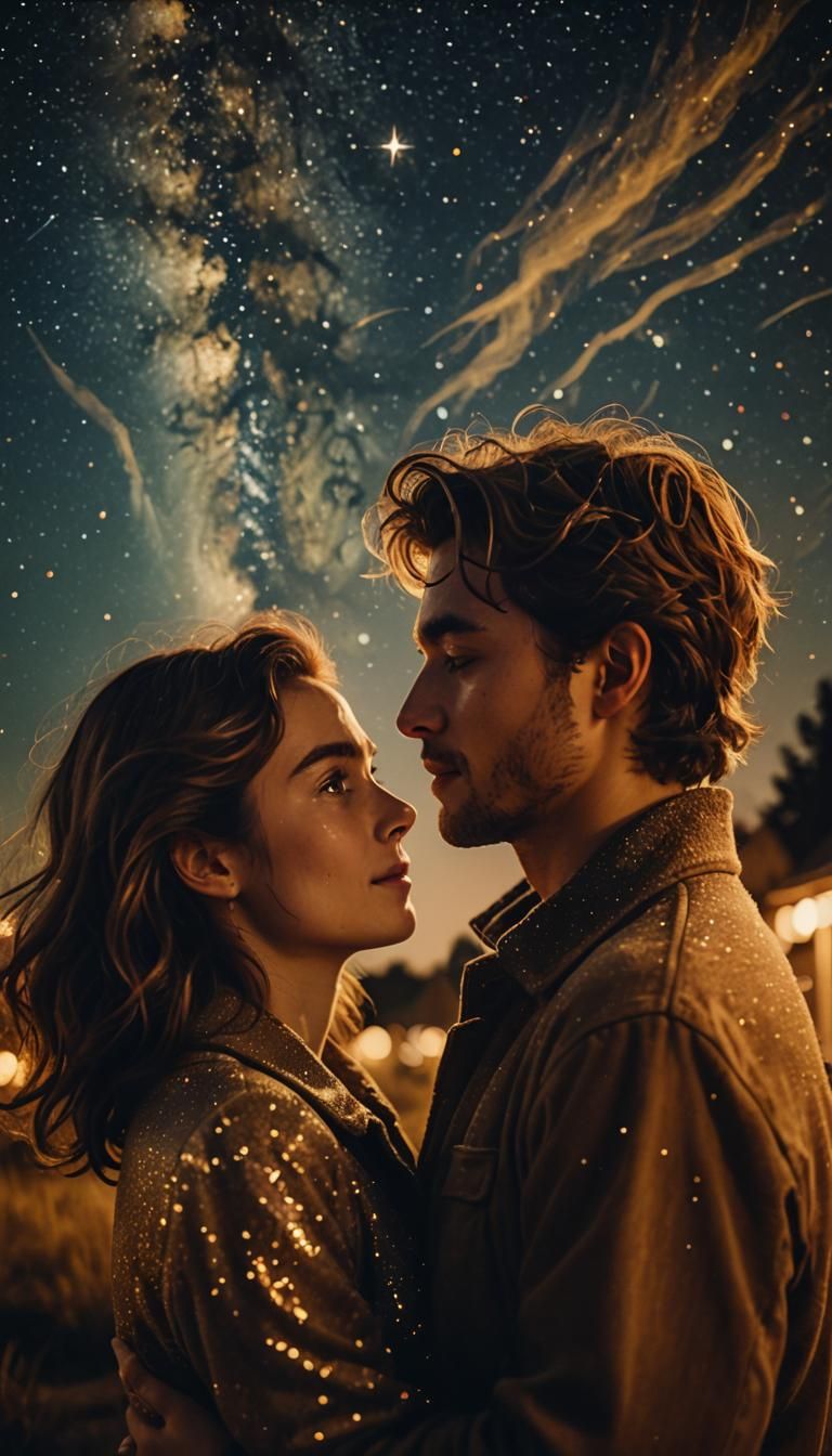 Embrace Under Starry Sky in Impressionistic Style