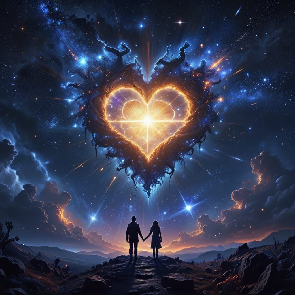 Stellar Heart in Night Sky with Silhouetted Couple