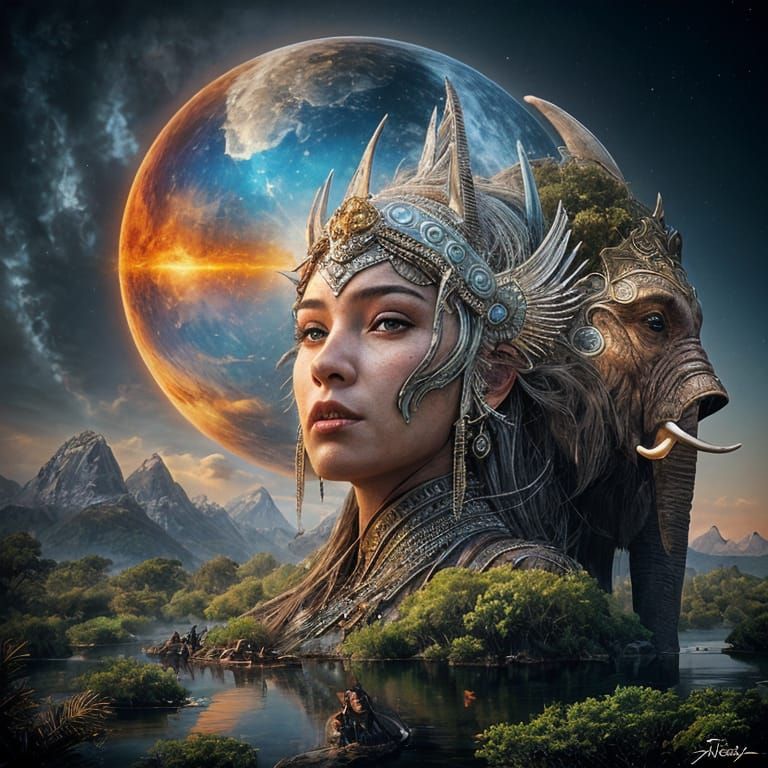 Amazonian Warrior Double Exposure in Moebius Style