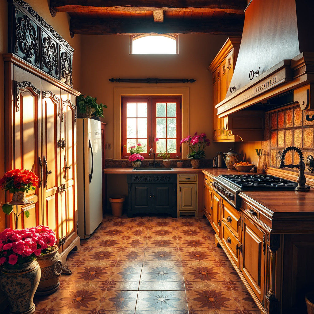Rustic Spanish Colonial Kitchen with Colorful Cabinets