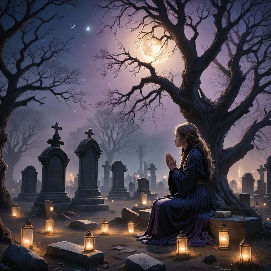 Ethereal Graveyard Prayer in Digital Art