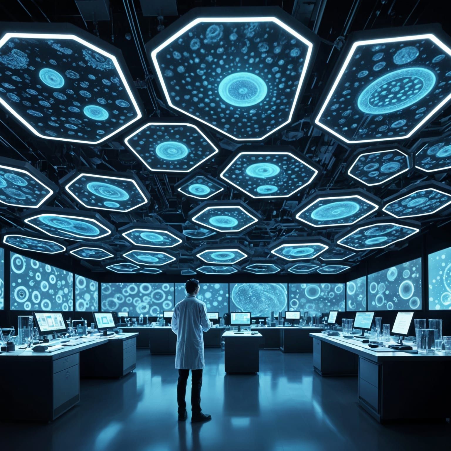 Scientist in Cyberpunk Lab with Holographic Displays