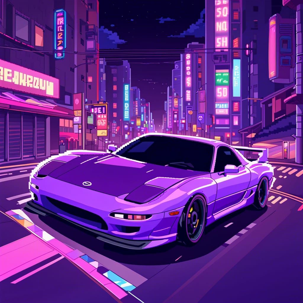 Purple Mazda RX7 in Pixel Art Style