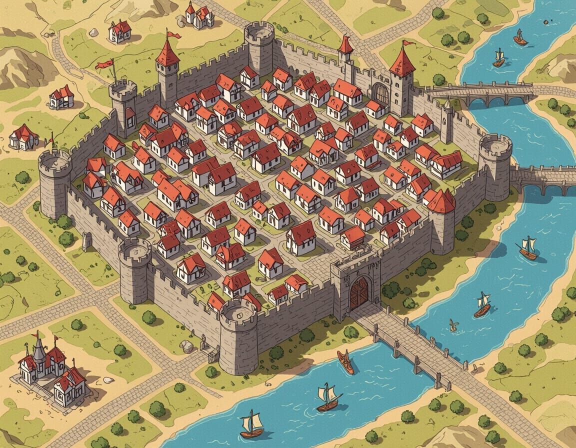 Detailed Medieval City Map with River and Wall