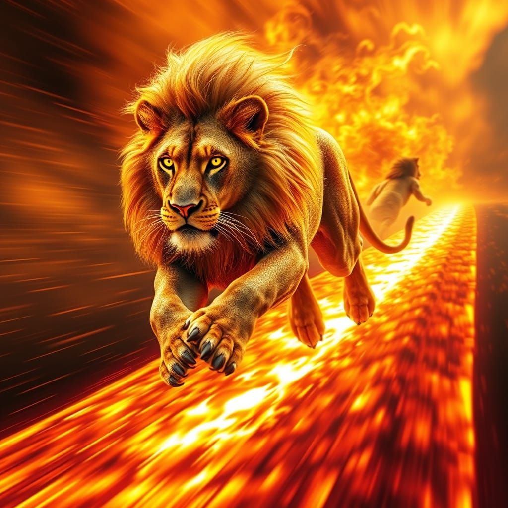 Regal Lion Sprints Down Blazing Runway in Shimmering Golden ...