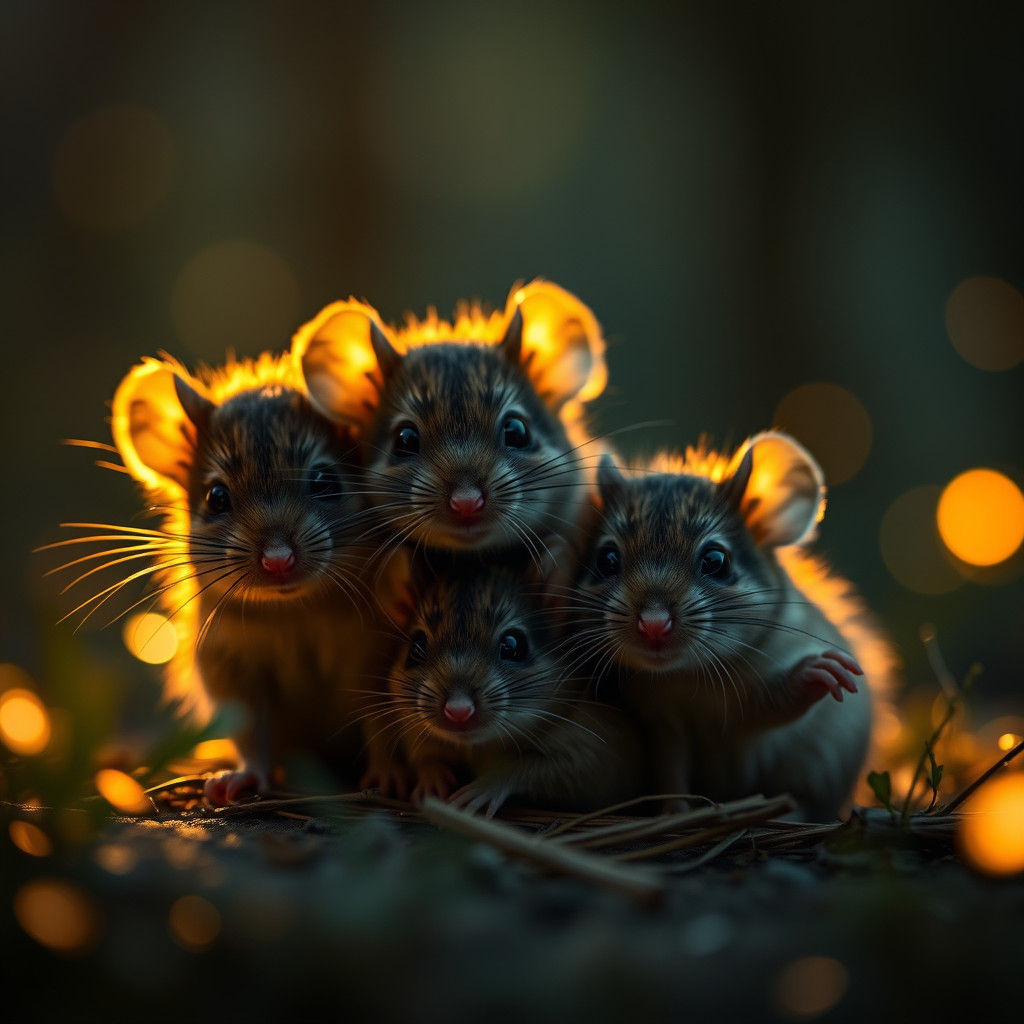Mouse Family in Golden Moonlight