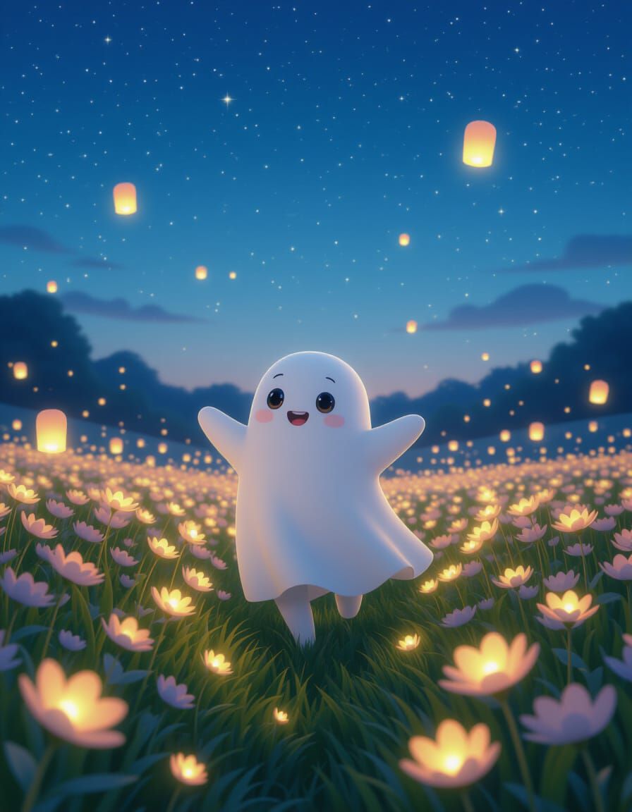 3D Ghost Walks Through Glowing Flowers Under Starlit Sky