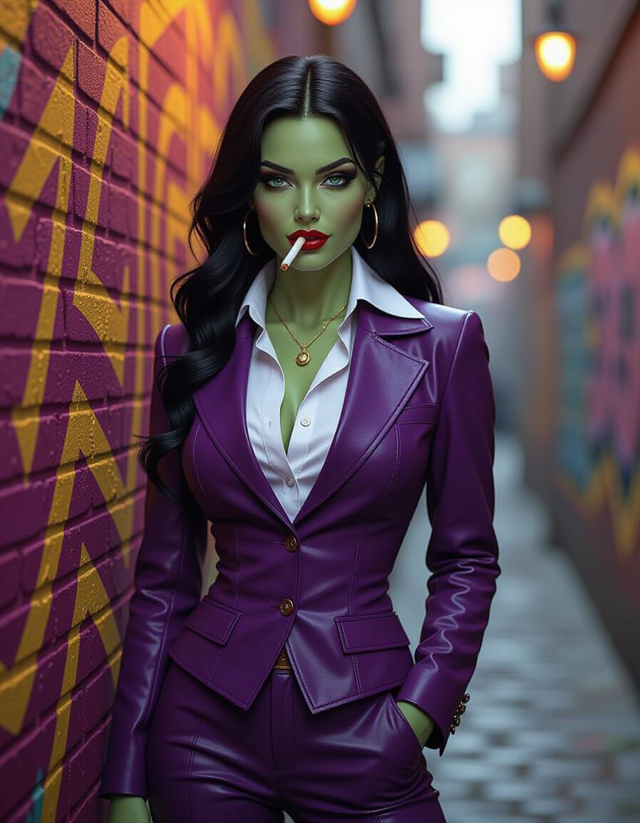 Hyperrealistic Orc Femme Fatale in Leather Suit