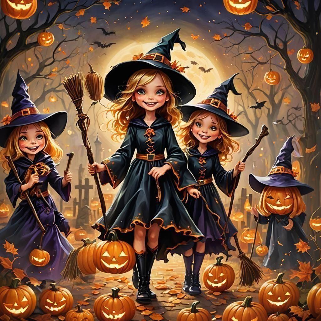 Adorable Witches Celebrate Halloween with Implements
