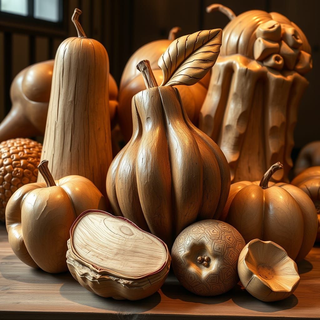 Hyperrealistic Wooden Fruit Sculpture in Organic Style
