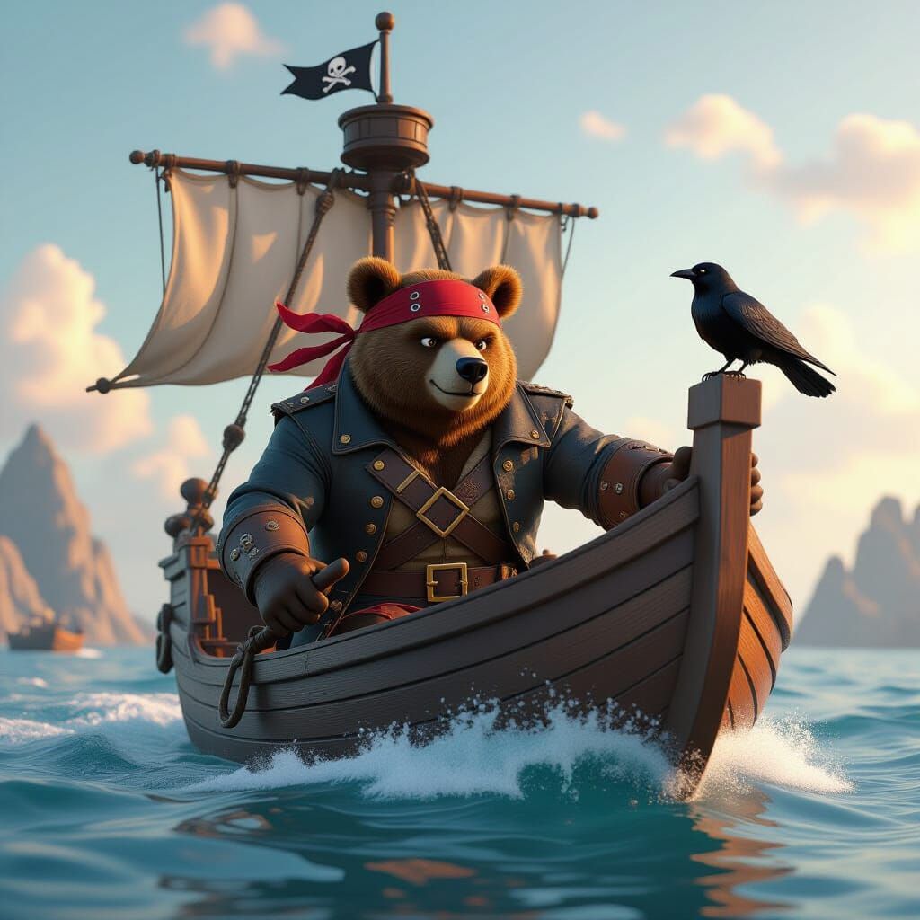 Fearless Bear Pirate Sails the Treacherous Seas as 3D Art