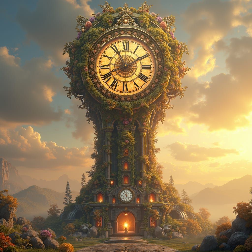 Majestic Clock Face in Vibrant Seasonal Realms