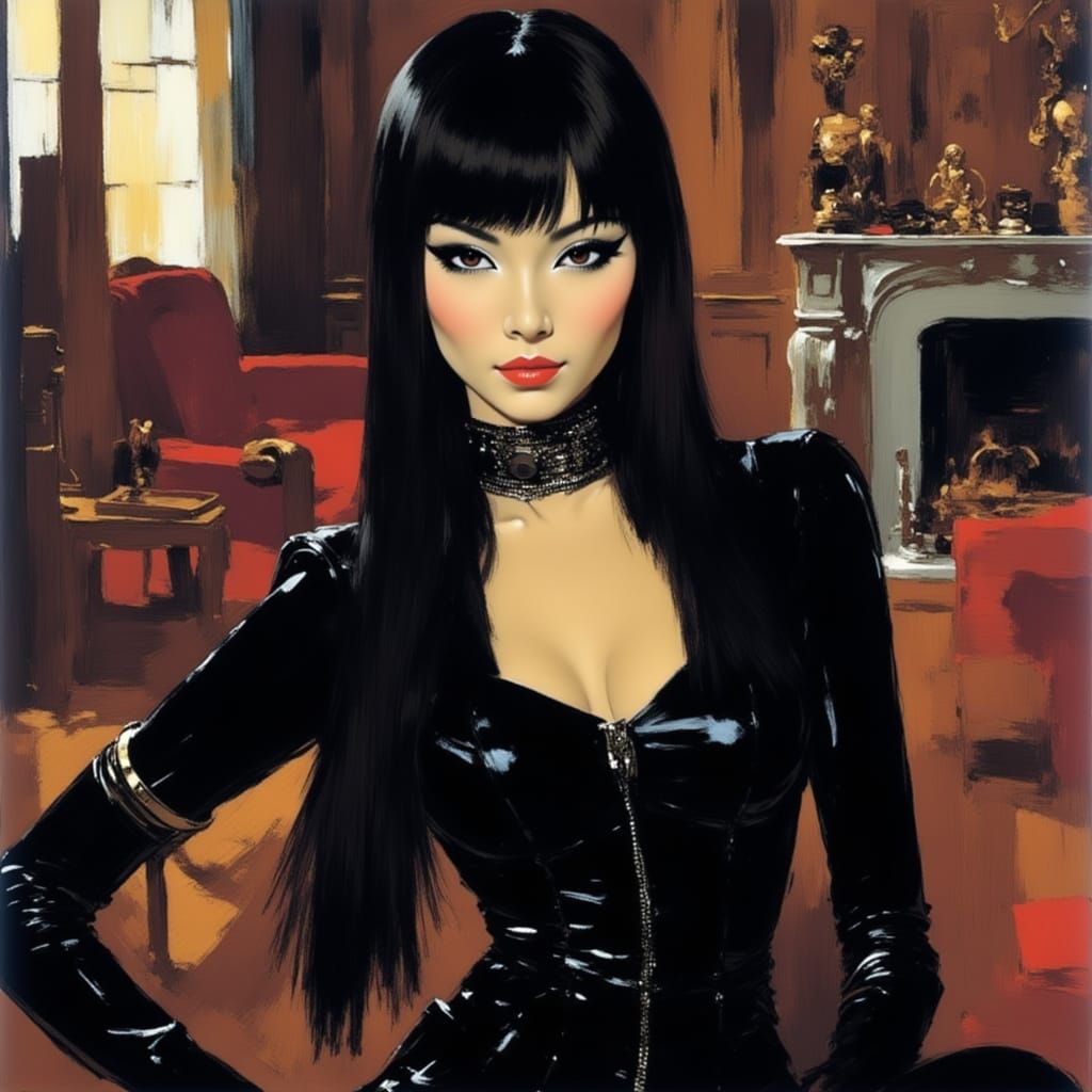 Steampunk Asian Woman in Victorian Living Room