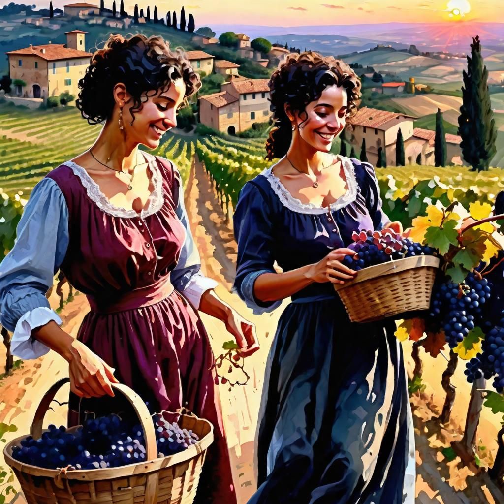 Joyful Grape Harvest in Tuscany, Painterly Style