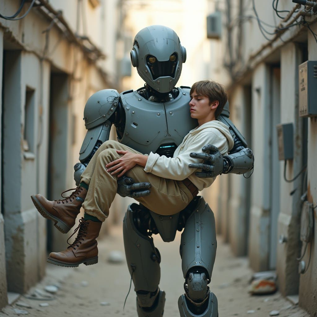 Robot Carries Wounded Man in Sci-Fi Cityscape