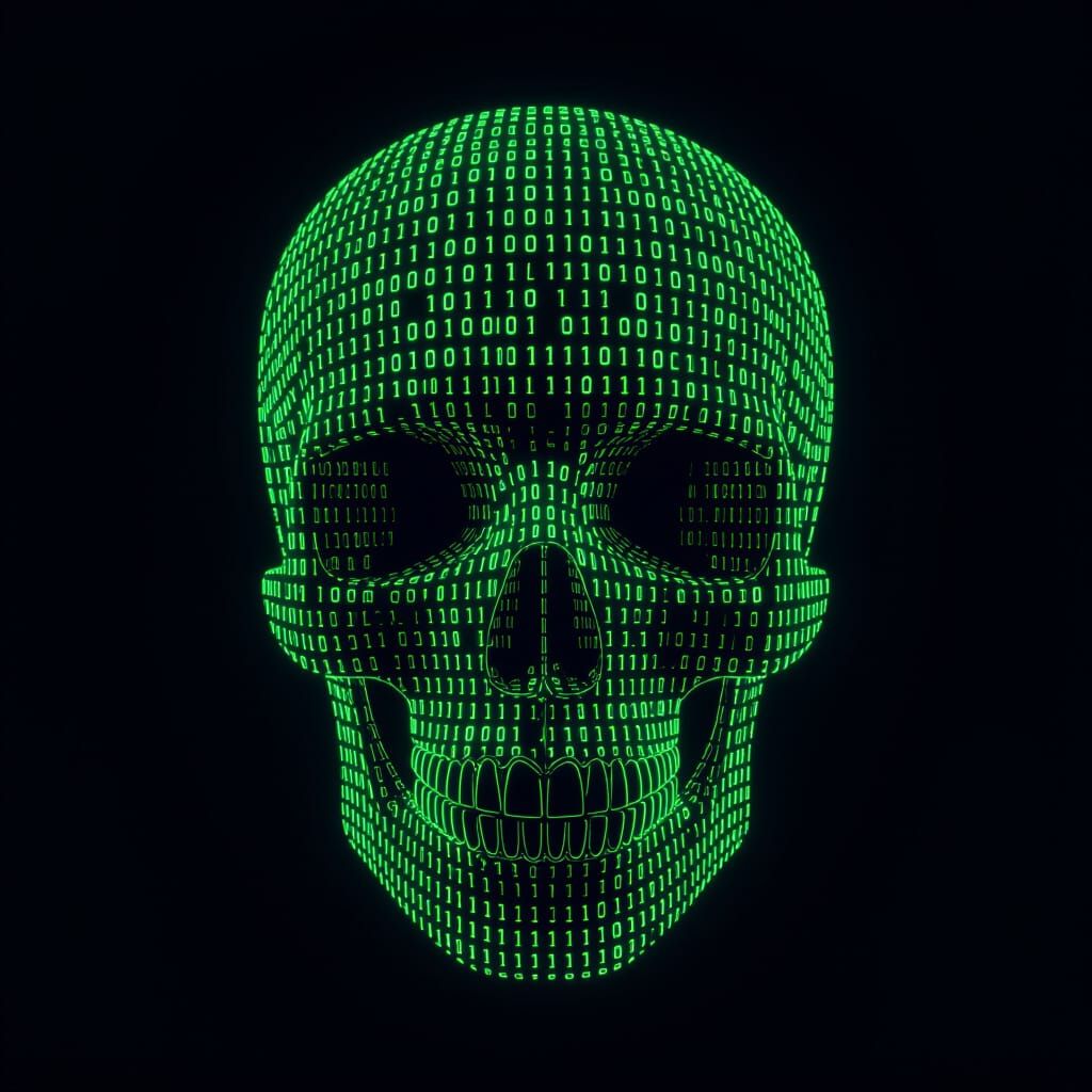 Glowing Binary Code Skull in Futuristic Tron Style