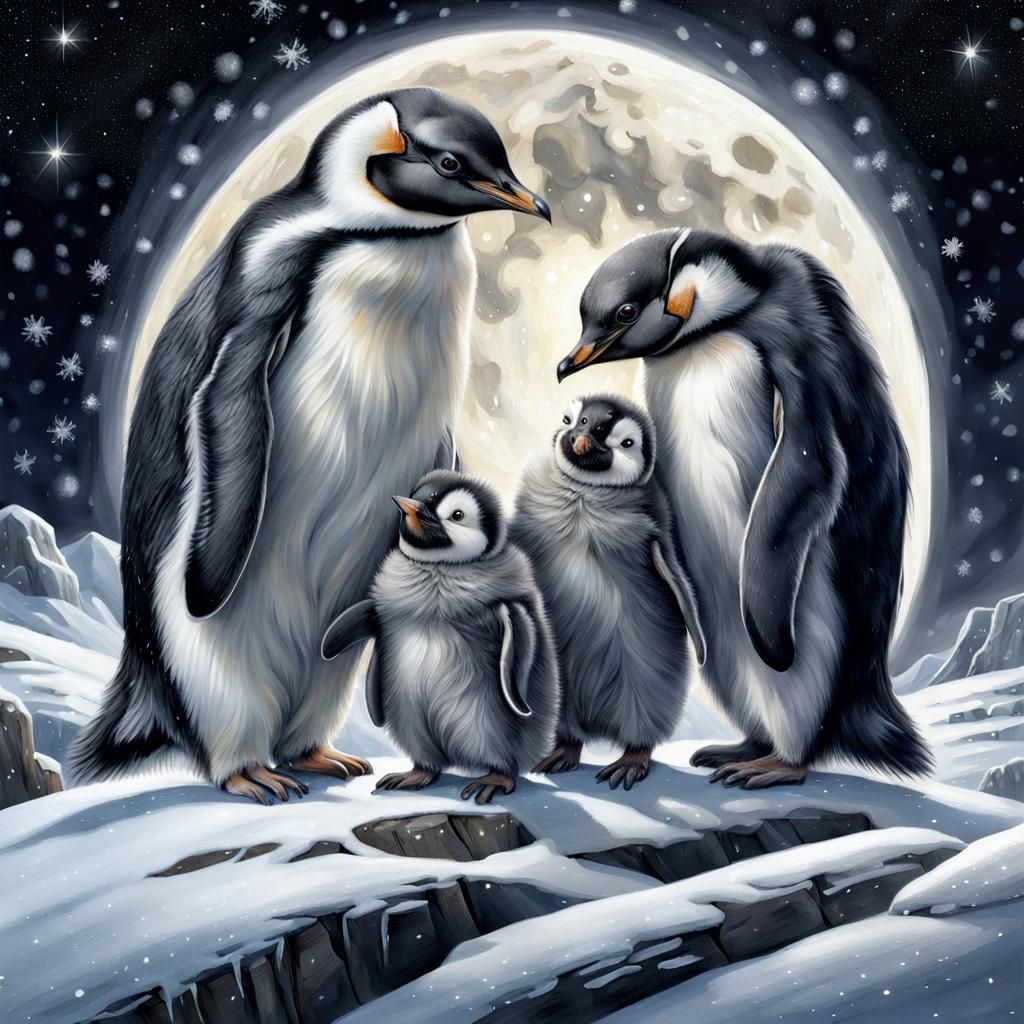 Penguins Protecting Chicks in Snowy Antarctic Portrait