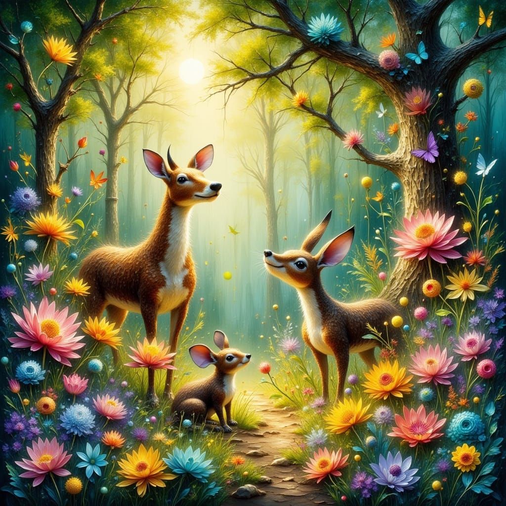 Impressionistic Enchanted Forest Menagerie in Golden Light