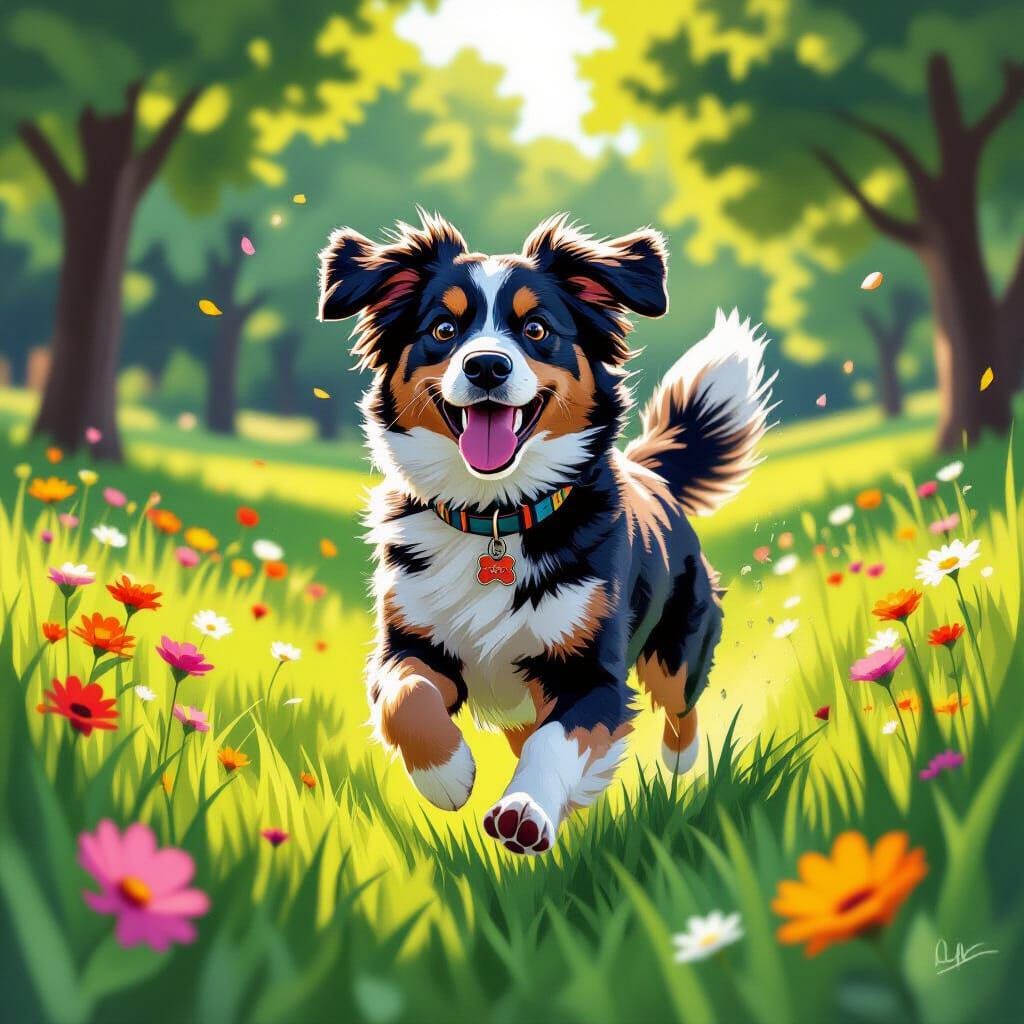 Dog Running in Park in Vibrant Art Style