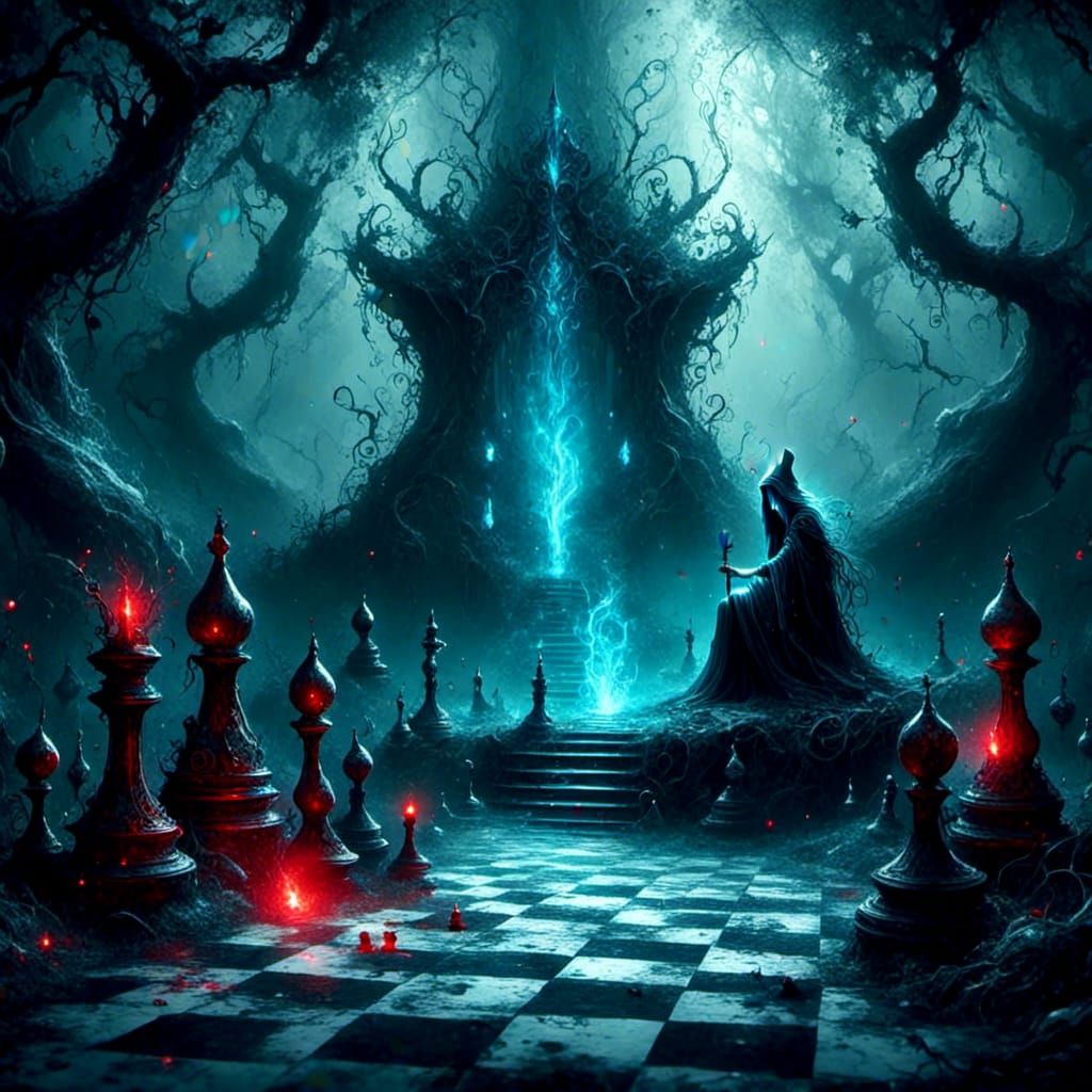Magical Chess Game in Dark Forest Digital Painting