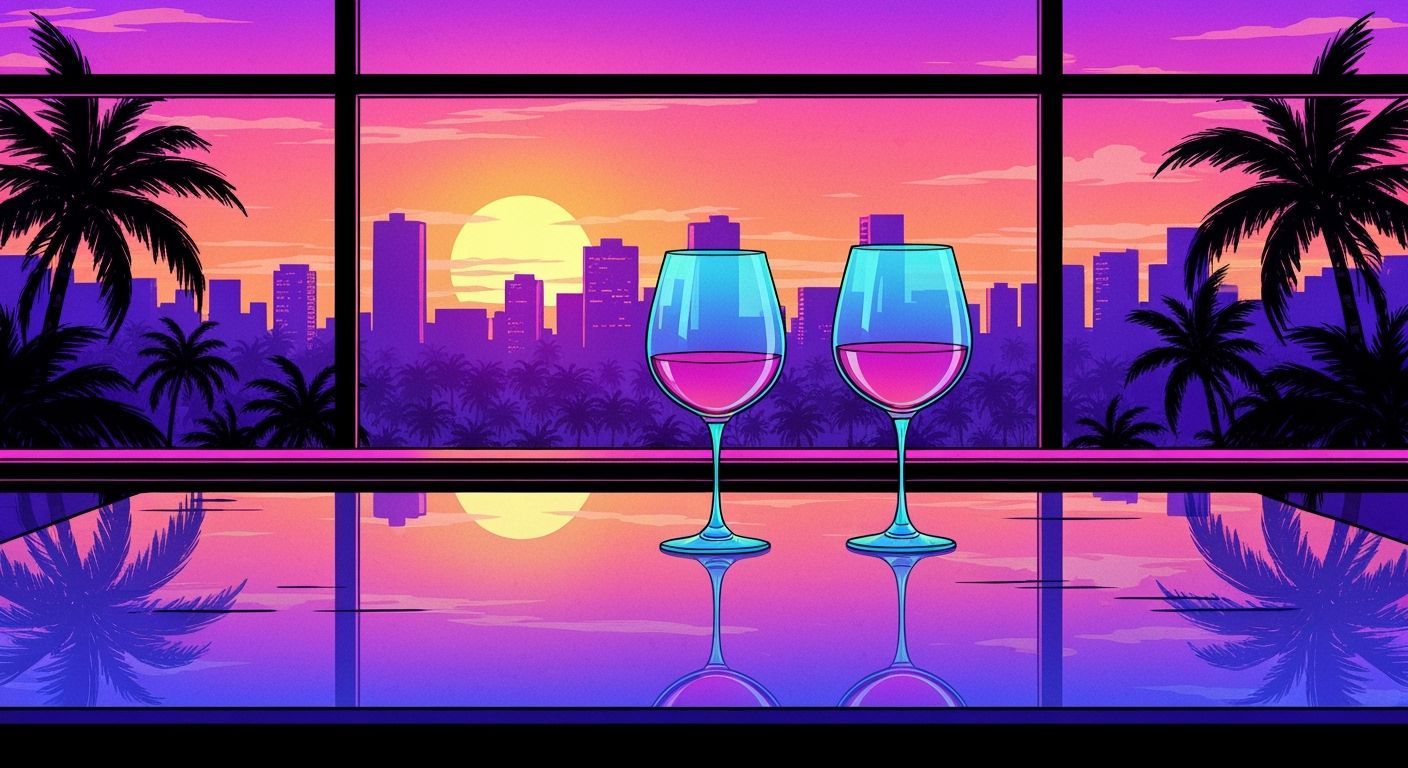 Neon Wine Glasses Over Tropical Cityscape